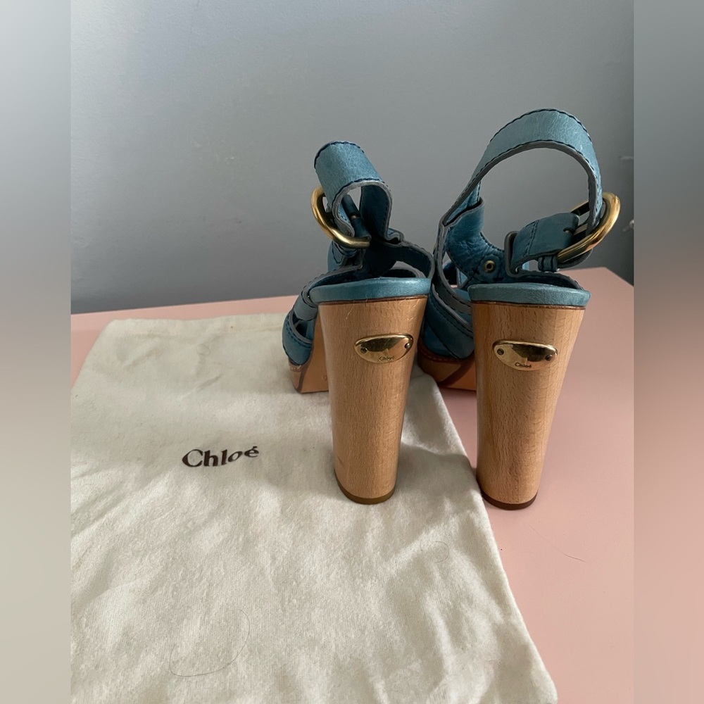 New Chloe Wood Chunky High Heel Leather Sandals with dust bag Size 40.5 - Picture 2 of 9